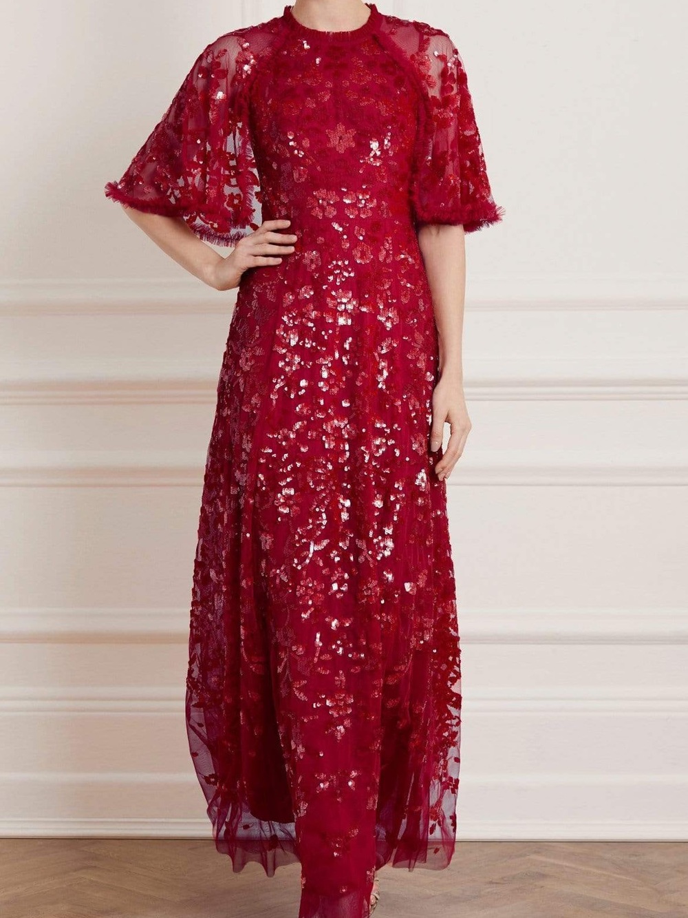 Needle & Thread Red Sequin Floral Maxi Dress